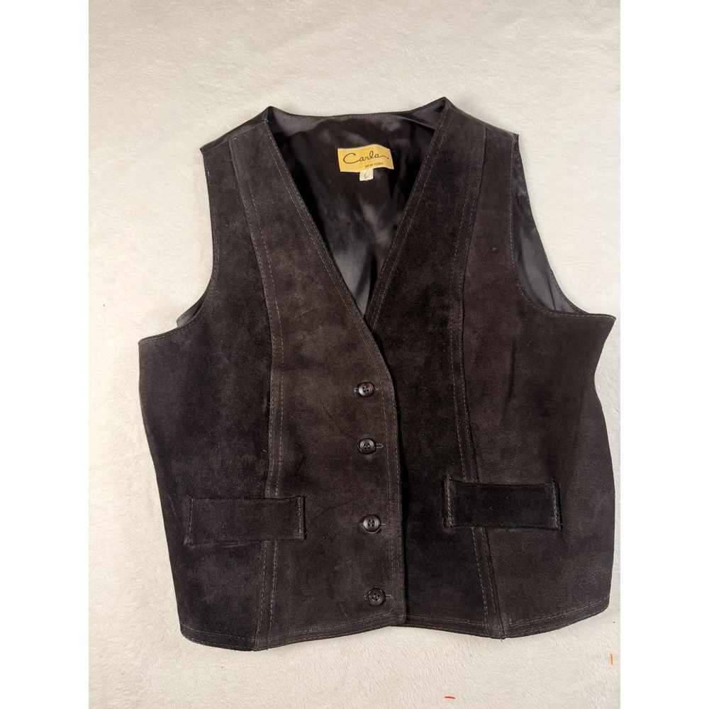 Carla New York Vest Women's Large Black Suede Genuine Leather Front Buttoned